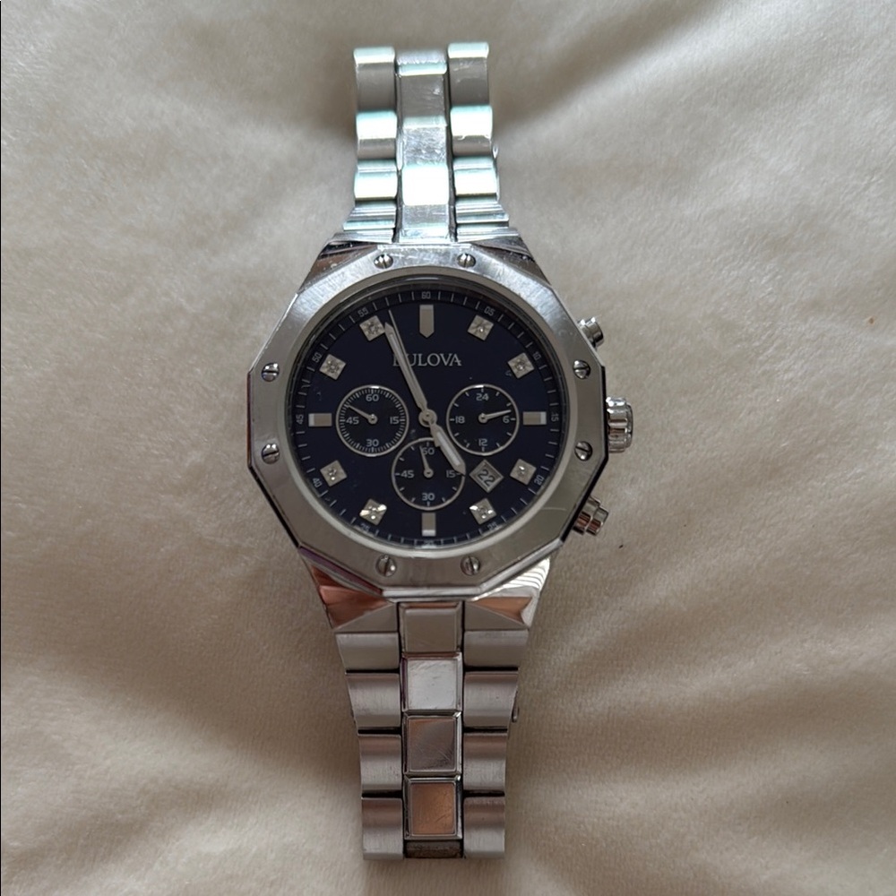 Bulova Silver and Black Chronograph Watch